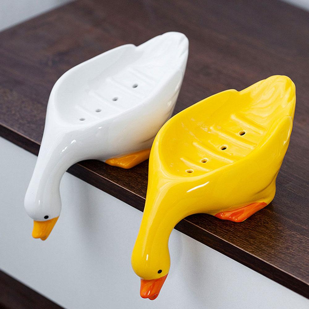 Duck Shape Soap Box Creative Ceramic Drain Soap Dish Bathroom Soap Storage Holder Household Shower Container Sponges Drainer Dry
