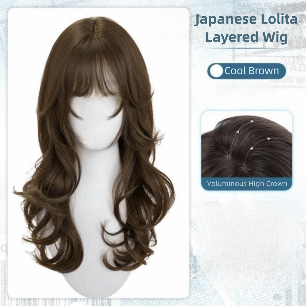 Parrucca Cosplay Stile Giapponese con Frangia Acconciatura Carina Lolita Stratificata Parrucche Capelli Lunghi Ricci Parrucca Festa