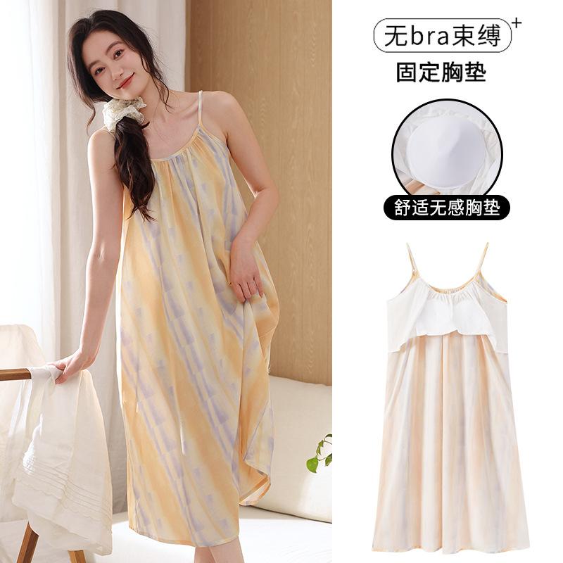 Lyocell cool suspender nightdress women with chest pad summer medium and long thin summer can wear Tencel loungewear