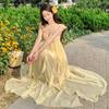 French Yellow Suspender Tube Top Dress Women's Summer Seaside Vacation Irregular Beach Long Skirt