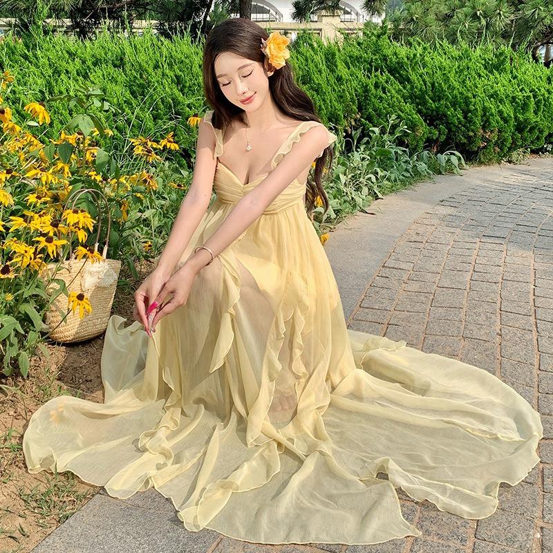 French Yellow Suspender Tube Top Dress Women's Summer Seaside Vacation Irregular Beach Long Skirt