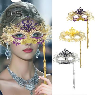 Fancy Party Masque Metal Masque with Handheld Stick Half Face Venetian Masque with Rhinestones for Women Men Prom Ball Mardi Gras Masquerade
