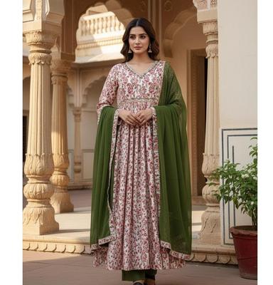 Damski Projektant Chinon Miękki Sukienki Imprezowe Zestaw Spodnie Dupatta Indyjski Bollywood Anarkali Garnitur Salwar