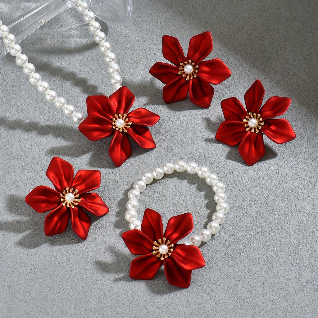 European and American Style Jewelry Exaggerated Red Flower Earrings Pearl Woven Bracelet Open Ring Jewelry Set Women