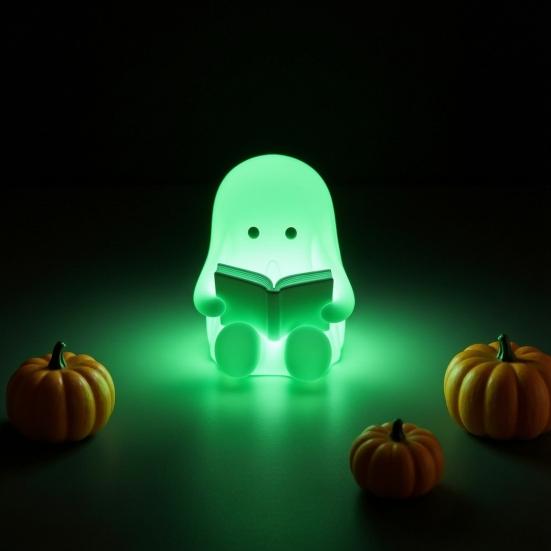 Ghost Reading Book Figurine, 3D Printed Cute Mini Sitting Ghost Statue for Halloween Bookshelf, Desk, Indoor Home Decor