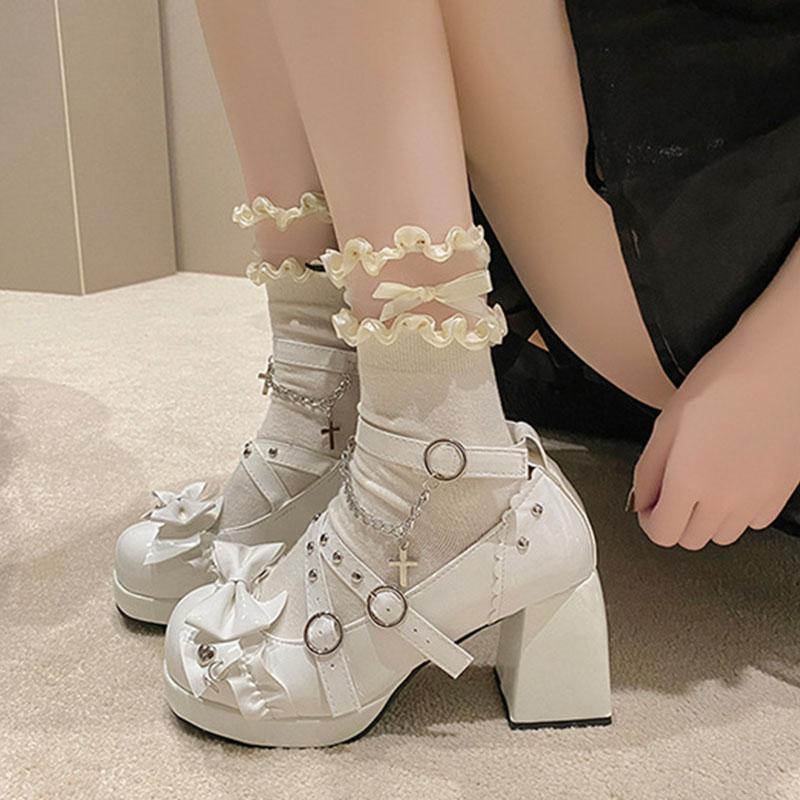 Comemore Bowknot Cute Mary Jane Shoes for Women Platform High Heeled Cross Strap Pumps Belt Buckle Lolita Shoes