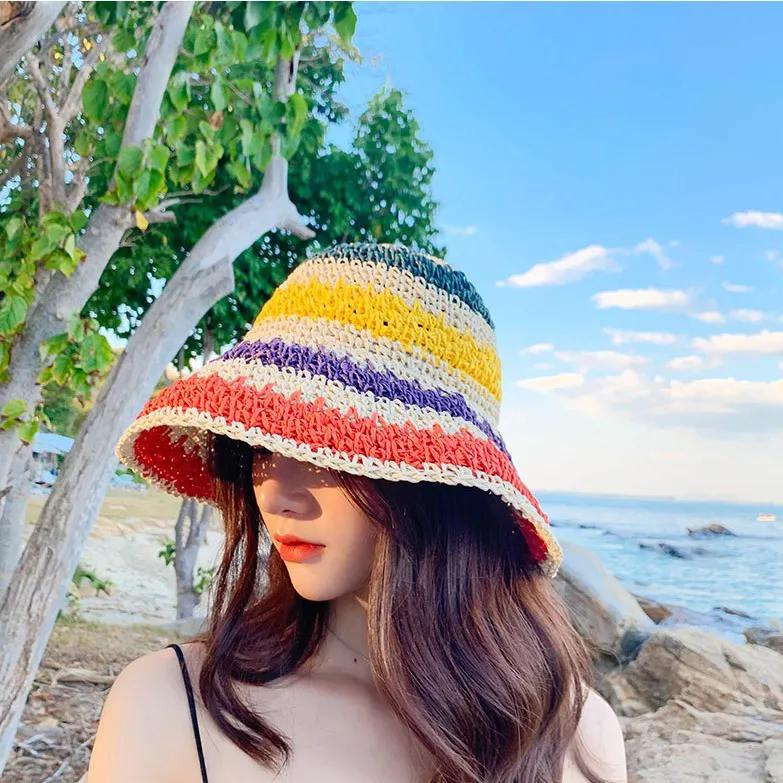 WTEMPO Coloful Striped Hollow-out Sun Hats Retro Elegant Summer Beach Sunscreen Hats Wide Brim Foldable Large Hats