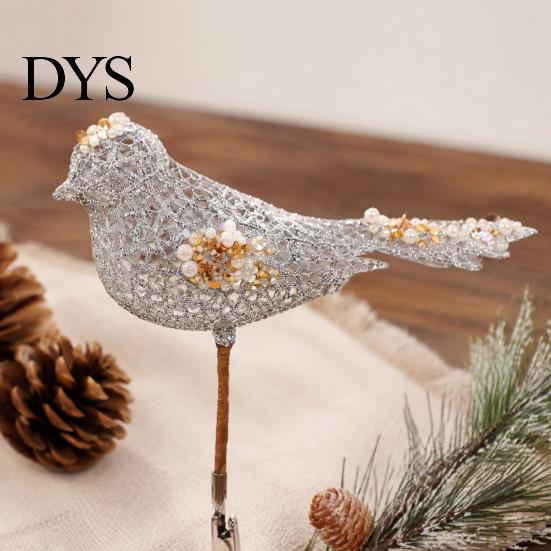 Gold Silver Red Bird Tree Ornaments Glitter Christmas Ornament with Metal Clip for Decoration, Sparkling Tabletop Floral Decor Figurine, Sequins