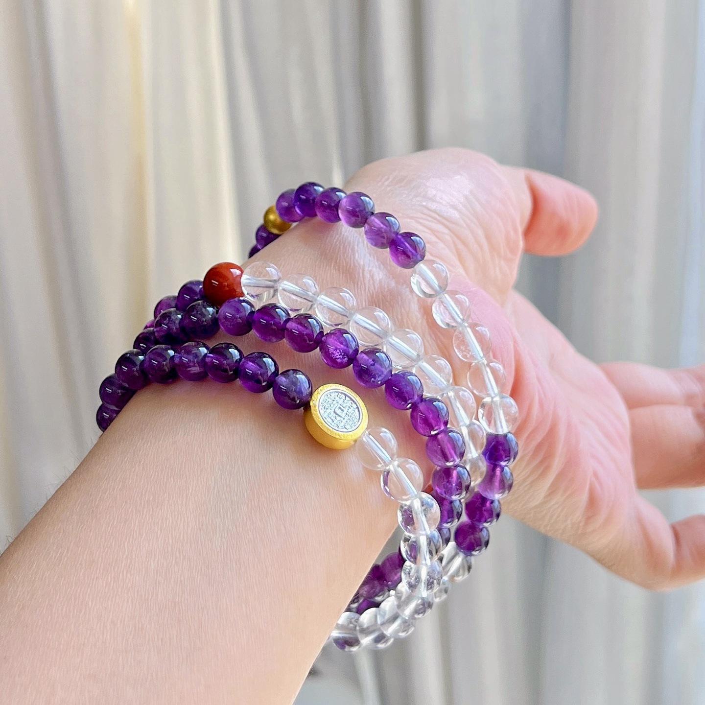 6Mm Natural White Crystal Beeswax Amethyst Nanhong Design Multi-Circle Bracelet Bracelet