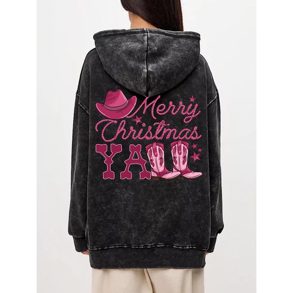 Oversized Womans Washed Hoodie Merry Christmas Boots Print Pullover Comfortable Warm Cotton Sweatshirts Casual Couple