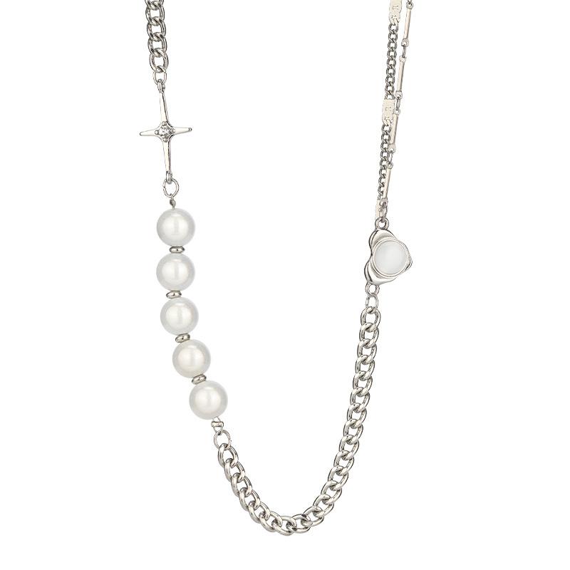 Vintage Reflective Pearl Titanium Steel Chain Splicing Necklace Female Love Opal Tide Hip Hop Collarbone Chain