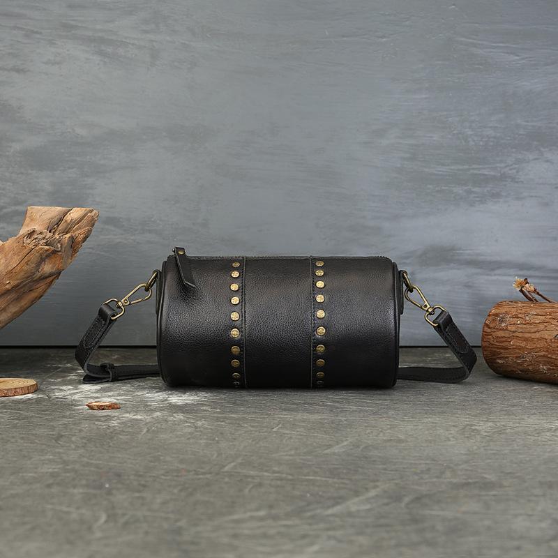 Genuine Leather Rivet Cylinder Bag Retro Vegetable-tanned Niche Design Single-shoulder Crossbody Bag
