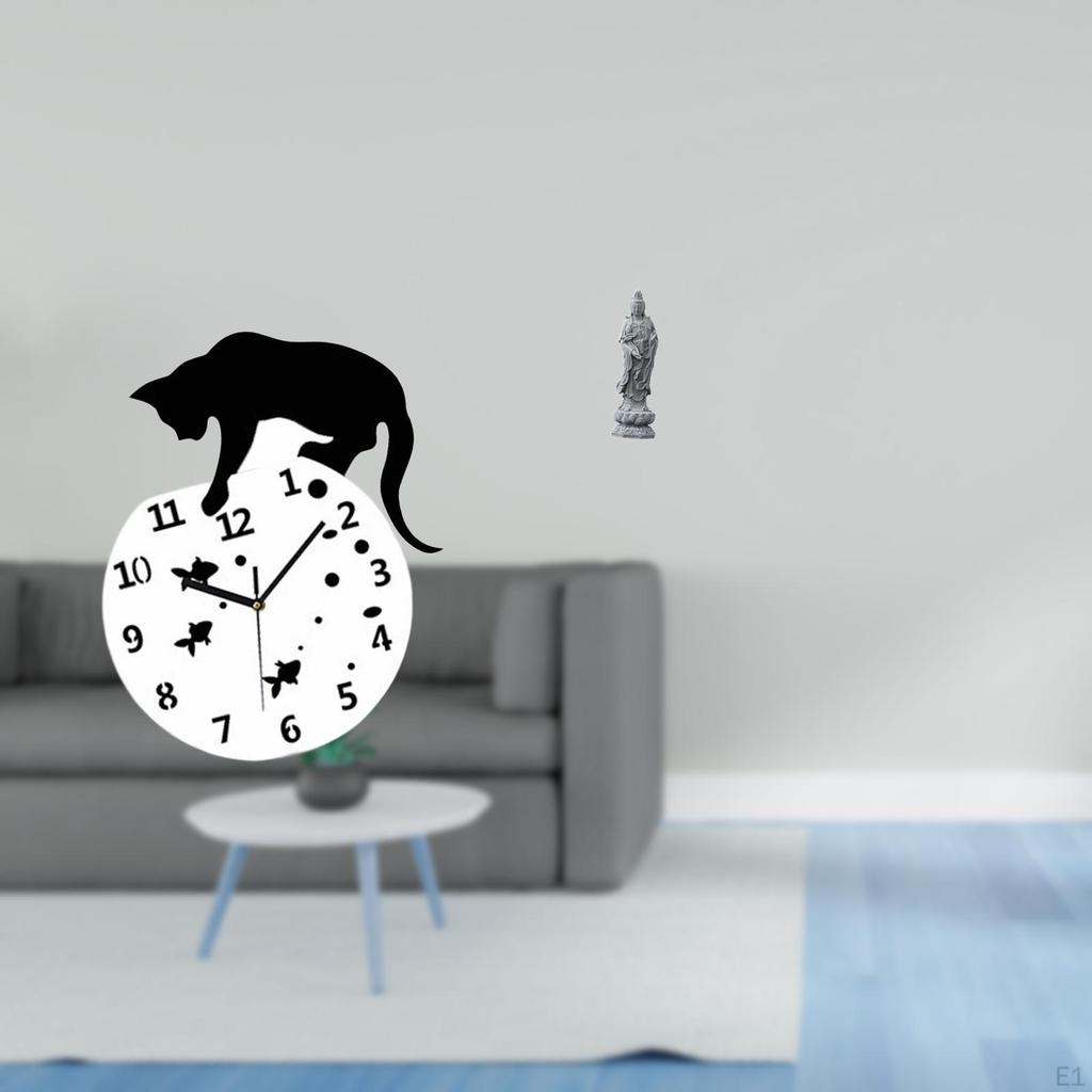 Silent Hanging Clock Cat Wall Quiet Movement Living Room Non Ticking Analog for