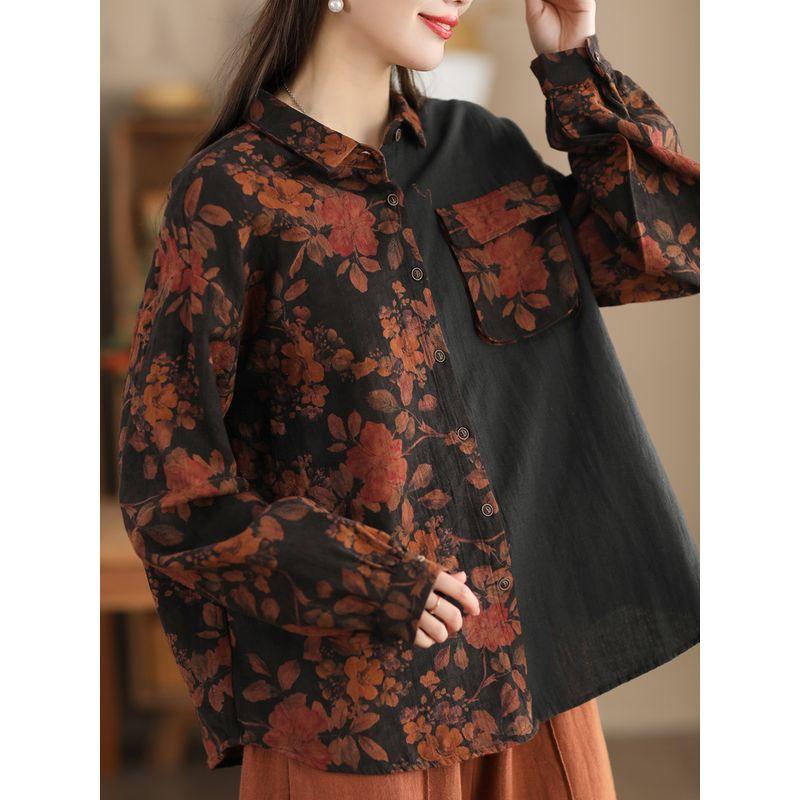 

Ретро Принт Жареных Цветов Льняная Рубашка Пальто Женская Отложной Воротник Длинные Рукава Рубашка Элегантный Кардиган Топ Весна Новинка Black One size(Within the recommended 75.00kg)