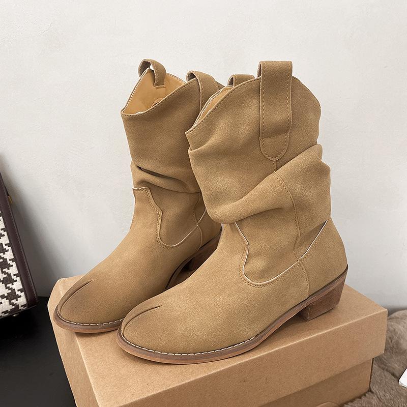 

2025 новая виноградная мама та же обувь круглый носок копытца свиньи ботинки с раздвоенным носком крутые са толстый каблук плиссированные западные ботинки-чулки осень 40