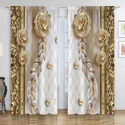 Cortinas de janela florais com flores rosas e diamantes dourados para sala de estar, quarto infantil, banheiro, cozinha, escritório, porta, decoração para casa, 2 peças