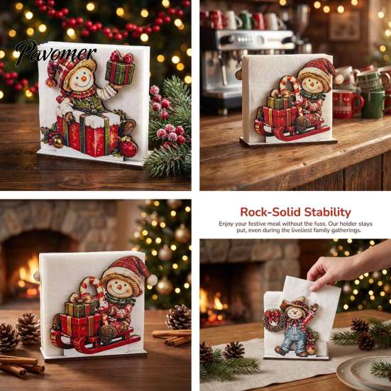 Decorative Winter Kitchen Accessories Snowman Napkin Holder for Dining Table, Wood Vertical Farmhouse Style Dispenser, Christmas Tissue Storage
