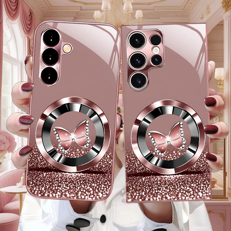 Różowy motyl Nowy Wykwintny luksusowy Wysokiej klasy Etui na telefon Szklane Etui na telefon dla Samsung Galaxy S26 S25 S24 S23 S22 S21 FE,Ultra,Plus