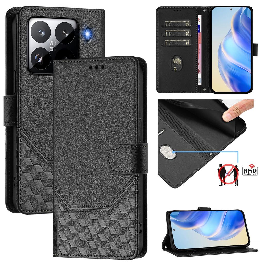 For Xiaomi 15 Pro Case Imprinted Honeycomb RFID Blocking Leather Phone Cover with Strap