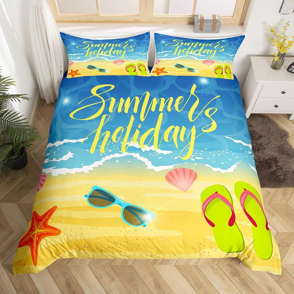 Sumer Hawai Beach Soft Duvet Cover Ful Ocean Beding Set for Young Boys Young Girls, Lovely Flip Flops Slipers Conch Starfish Warm Comforter Cover