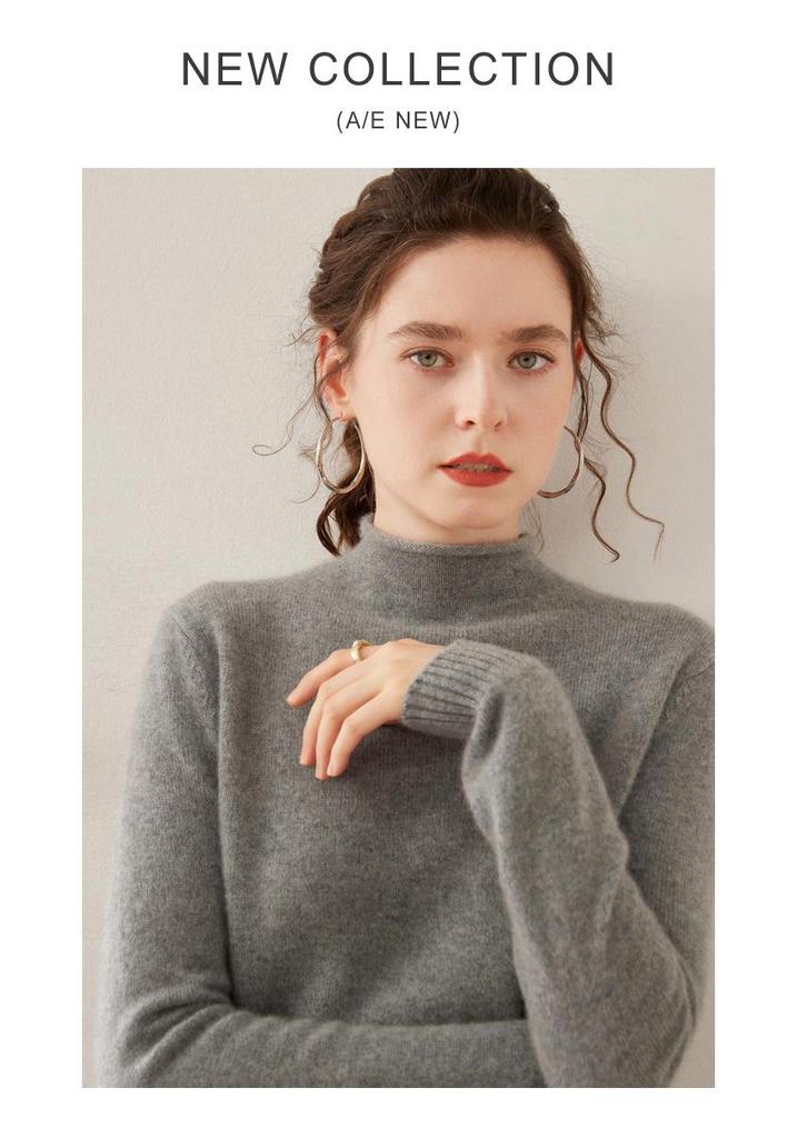 Women's Wool Blend Half-High Neck Knit Sweater - Fashionable Thickened Pullover for Autumn/Winter