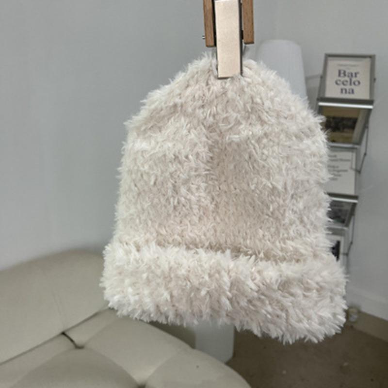 Korean White Plush Knitted Hat for Women In Autumn and Winter Fashionable Warm Imitation Fur Ear Protecting Hat