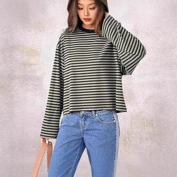 

Women s Long Sleeve Top with Black Grey Horizontal Stripes XL темно-сірий