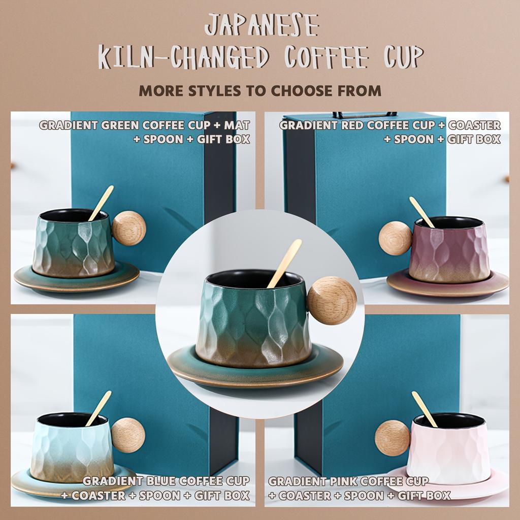 Elegantes Grün mit Farbverlauf Japanisches Keramik-Kaffeebecher-Set aus Ofenkeramik, Passende runde Tassen mit Holzgriffen, Wiederverwendbar, Maschinenwaschbar, Tee oder Kaffee,