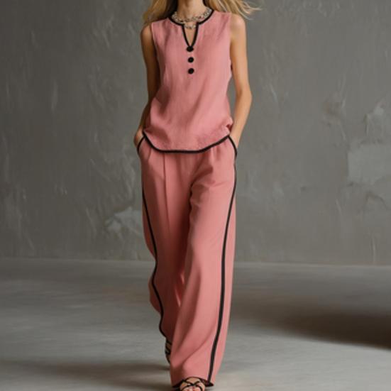 Damen Sommer 2-teilige Outfits Lässig Ärmellos Knopf V-Ausschnitt Oberteil Und Weite Hosen Urlaubs Lounge Sets mit Taschen