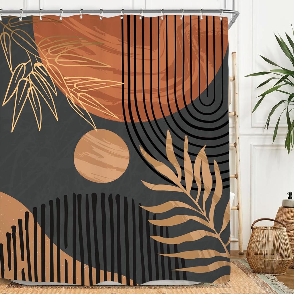 Abstract Leaves Shower Curtain Set Emerald Green Modern Tropical Mid Century Simple Minimalist Chic Polyester Waterproof Cloth