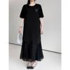 Summer New Women Plus Size Casual Loose Long Maxi Dress Black Lace Short Sleeve Basic Dress