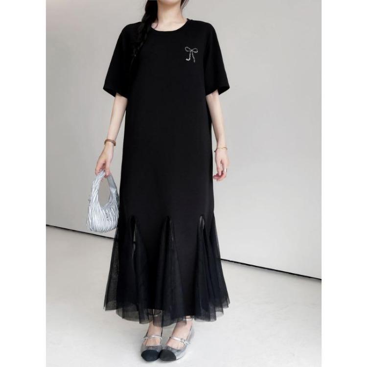 Summer New Women Plus Size Casual Loose Long Maxi Dress Black Lace Short Sleeve Basic Dress