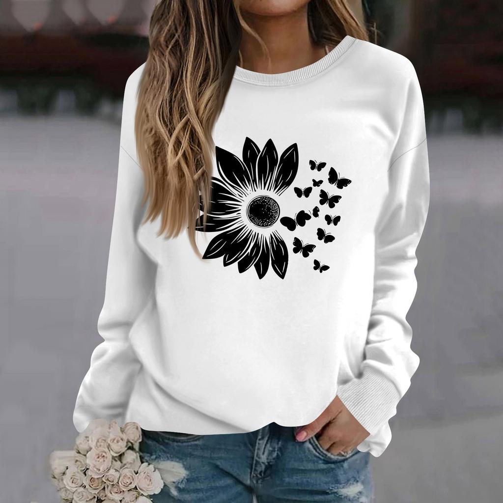 Women's Fashion Casual Long Sleeve Solid Color Printed Round Neck Top Sweatshirt