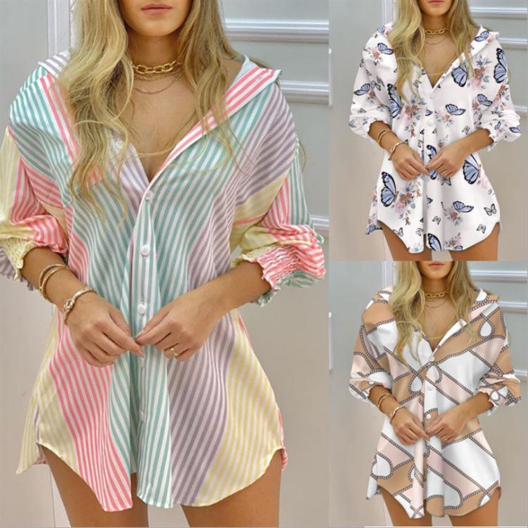 European & American Style Summer Striped V-Neck Button-Up Long-Sleeve Shirt Dress
