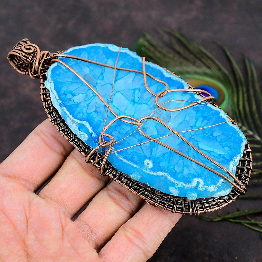 Natural Aqua Solar Druzy Gemstone Handmade Copper Wire Wrap Pendant 5.52 g6M27