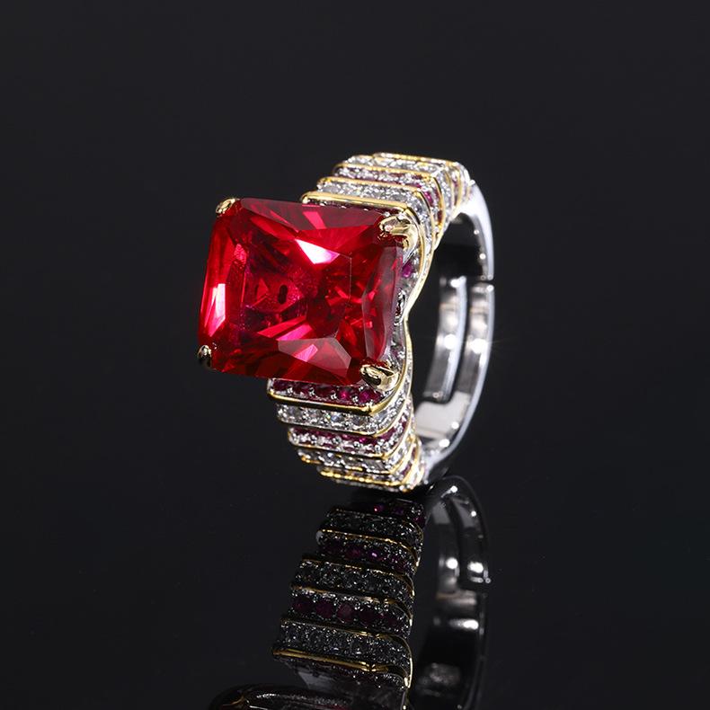 New Ring Jewelry Copper Bottom Gold Plated Live Broadcast Square Blue Red Color Treasure Zircon Cross Border Women's Style