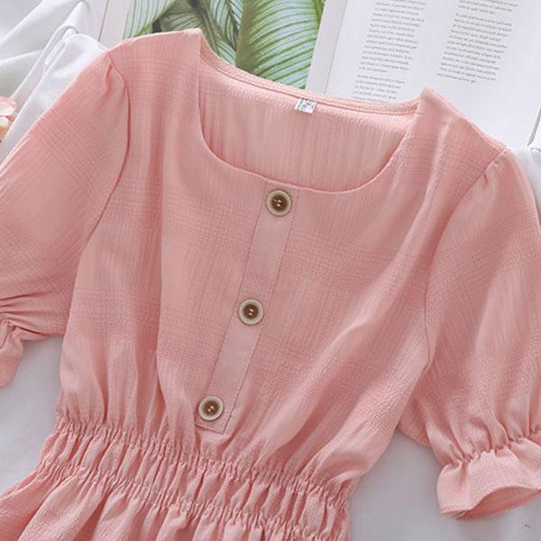 Summer Blouse Tunic Pleated Shirt All-match Solid Color Casual Blouse for Women