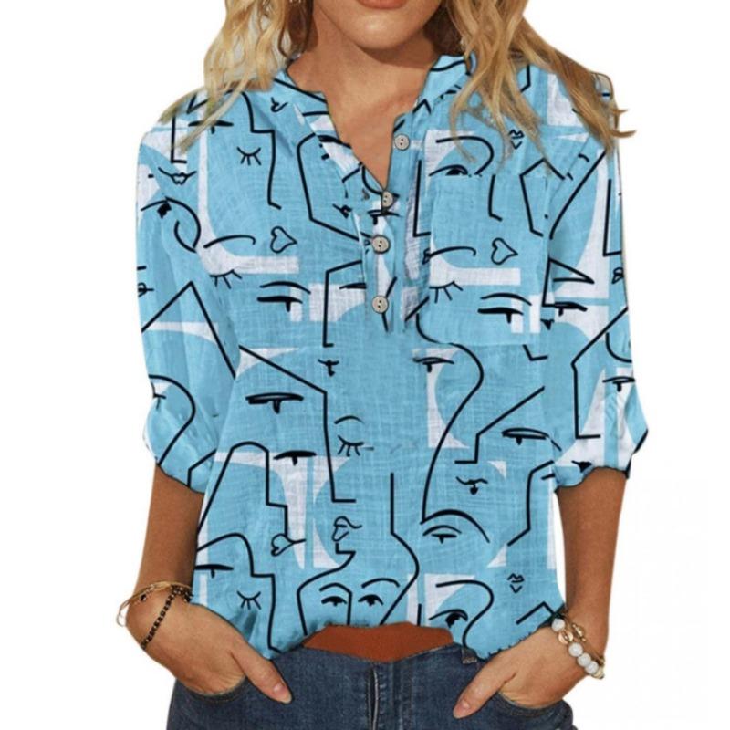 Button V-neck 3D Printed Top Fashionable Casual Long Sleeved Women's T-shirts