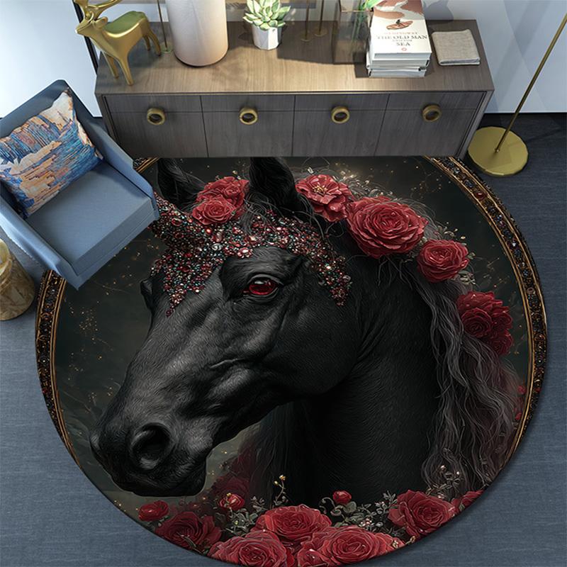Schwarzes Pferd Runder Teppich, Teppich für Wohnzimmer Schlafzimmer Sofa Spielzimmer Dekor, Rutschfeste Fußmatte