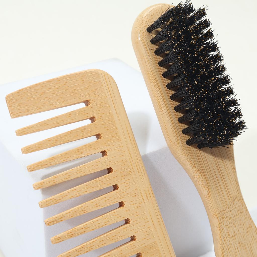 2-Piece Natural Bamboo Portable Mini Set - Boar Bristle Hair Brush & Natural Bamboo Wide-Tooth Comb, Palm-Sized Compact Design