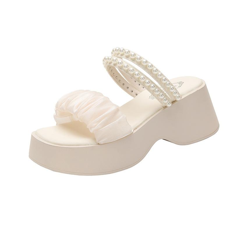 Slippers women wear new summer high heels muffin beach sandals platform women's shoes pearl two wear cool slippers