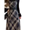 Plaid Wool Suspender Dress & Bell Sleeve Sweater Set - Slimming Waist, Autumn/Winter.