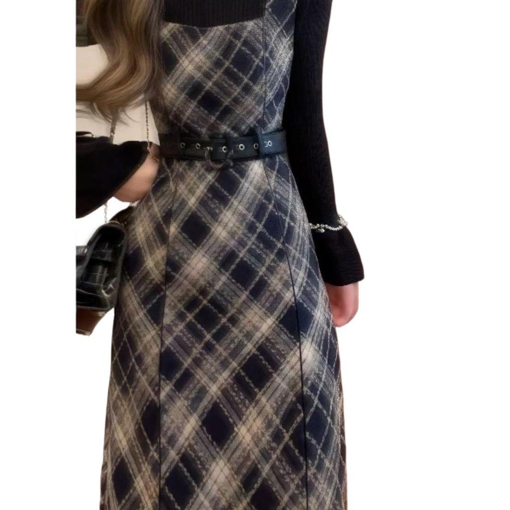 Plaid Wool Suspender Dress & Bell Sleeve Sweater Set - Slimming Waist, Autumn/Winter.