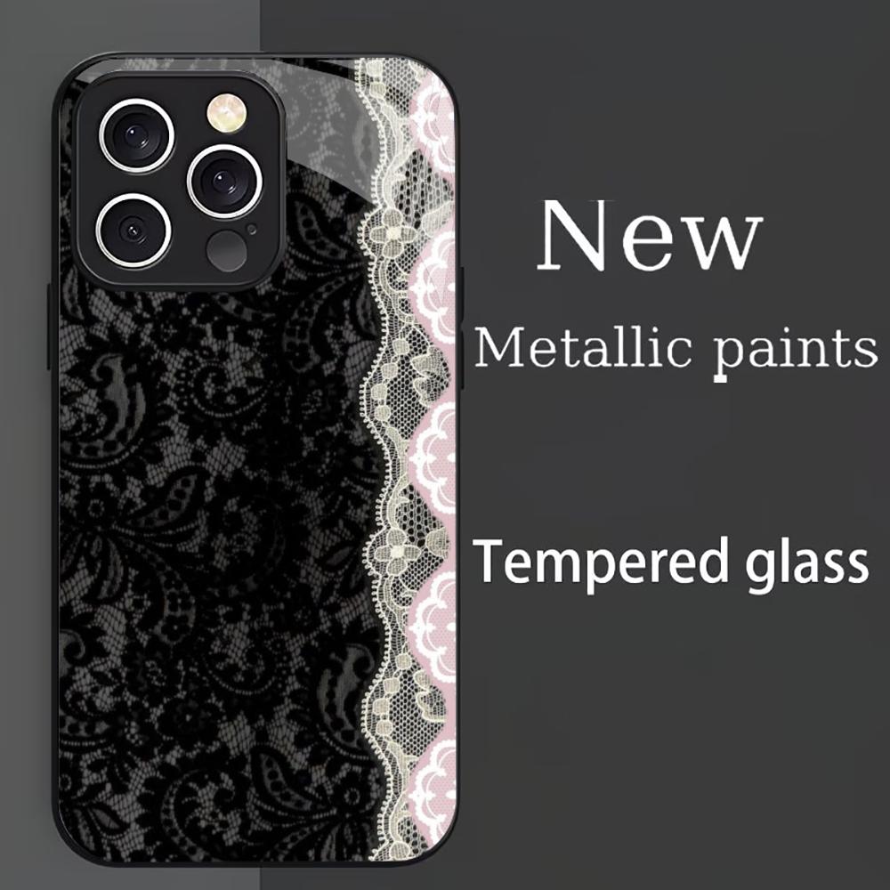 Luxury Black Floral Lace phone case mobile phones for iphone 17 pro max cover Glass for iPhone 17 16 15 14 13 12 11pm Pro Plus