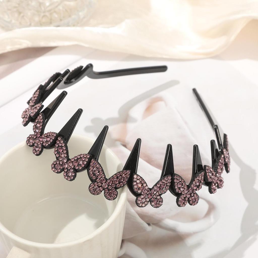 Korean Sparkly Rhinestone Flower Wavy Black Headband with Non-slip Teeth for Women