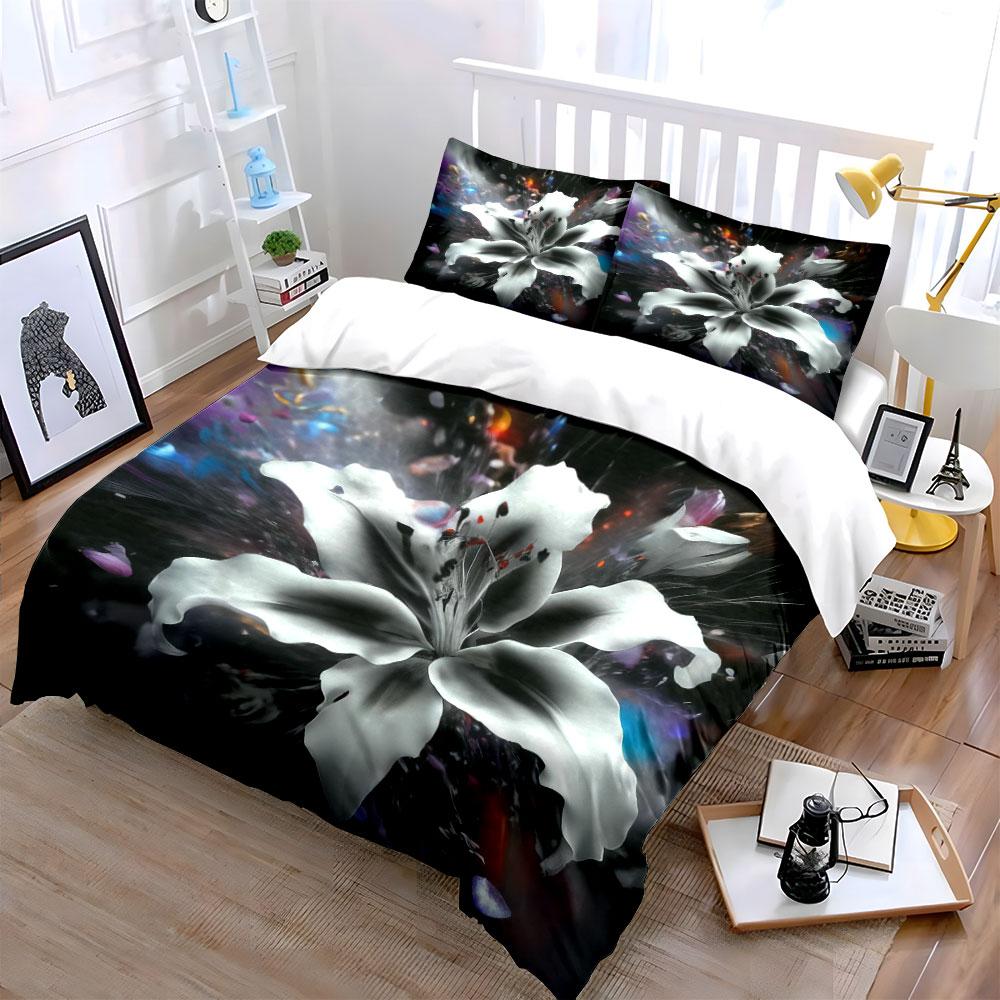 Abstract White Lily Flower Bedding Set 3pcs, Black Background Floral Art Duvet Cover Set, Aesthetic Soft Bed Linen for Bedroom