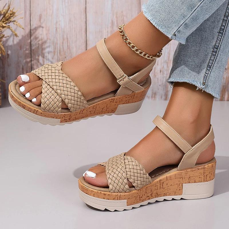 Fashion Women's Braided Platform Sandals 2025 Summer Chunky Wedges Gladiator Sandals Woman Ankle Straps Vacation Casual Beach Sandles