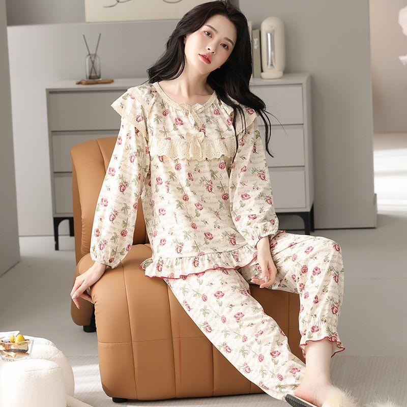 Large Size Plus 100 Pounds Pajama Suit Women's Spring and Autumn Pure Cotton Sweet Home Wear New Long-sleeved Trousers Home Wear Set
