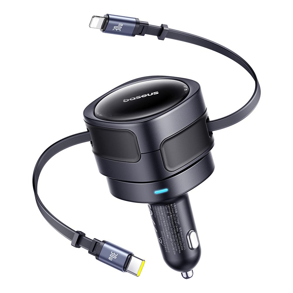BASEUS Enjoyment Max Car Charger 60W C+L Dual Cable Rotatable Design Fast Charging Retractable Cables