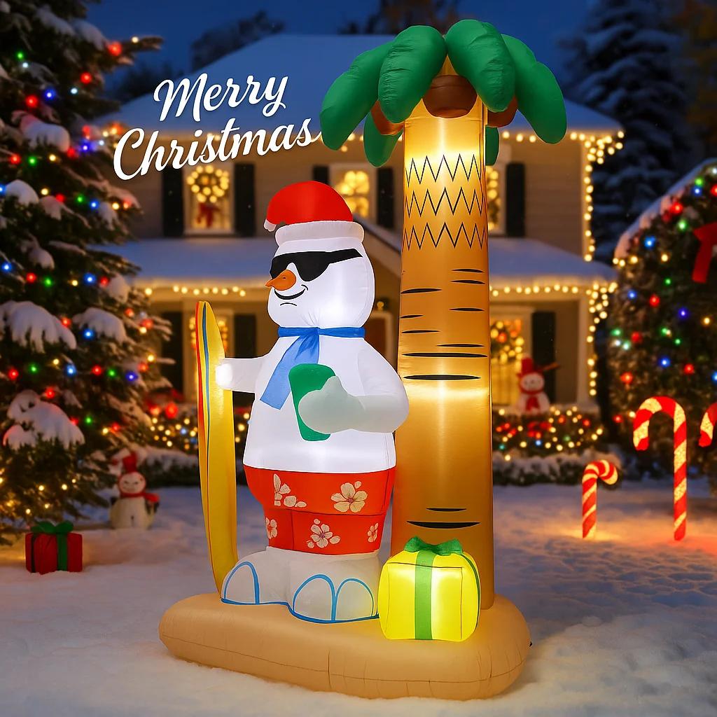 7.8FT Xmas Holiday Inflatable Yard Decor Surfing Snowman Palm Tree LED Hristma Home Decor Ornament Festive Toy Gift Decoration